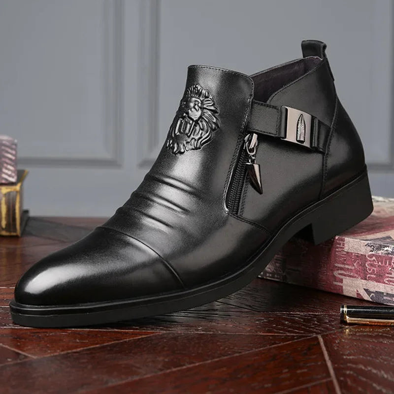 Trendy Men Boots Luxury Men's Shoes High Quality Leather Embossing Men's Boots Zip Male Leather Shoes Hard-Wearing Work Footwear