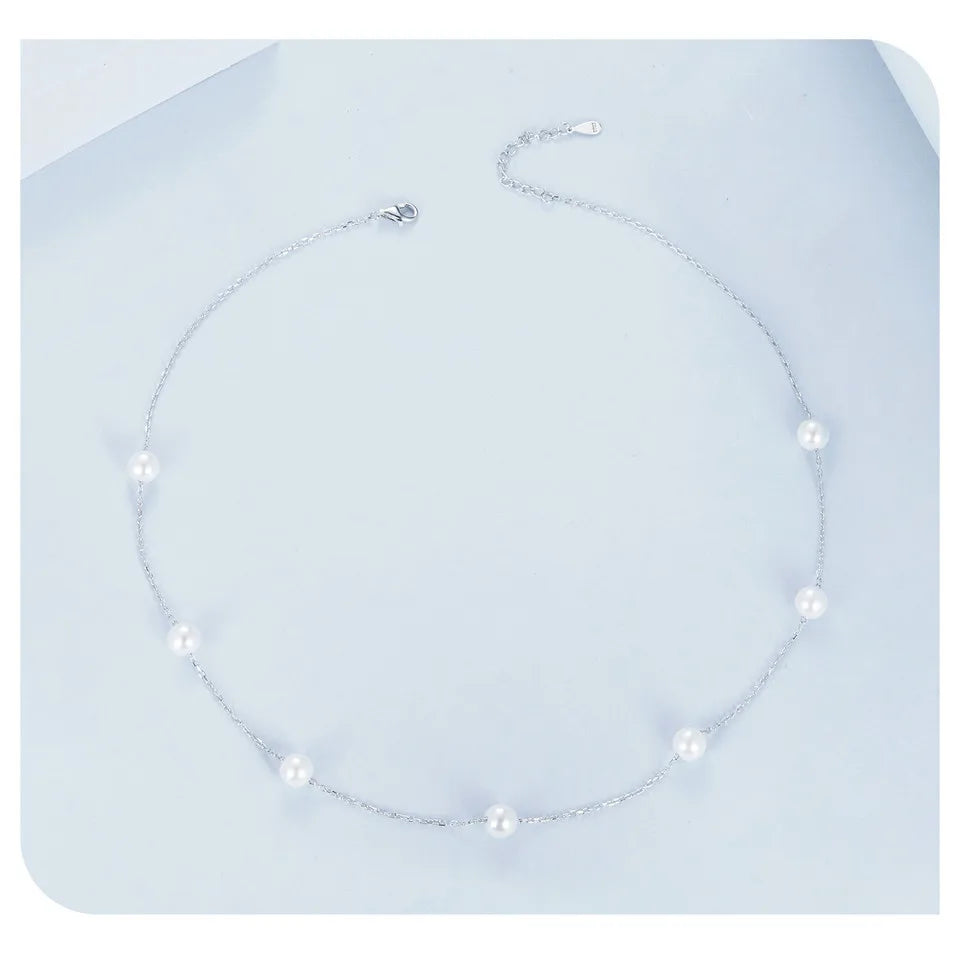 925 Sterling Silver Dainty Shell Pearl Choker Necklace, White Gold Plated Pearl Charm Necklaces Jewelry Gifts for Women