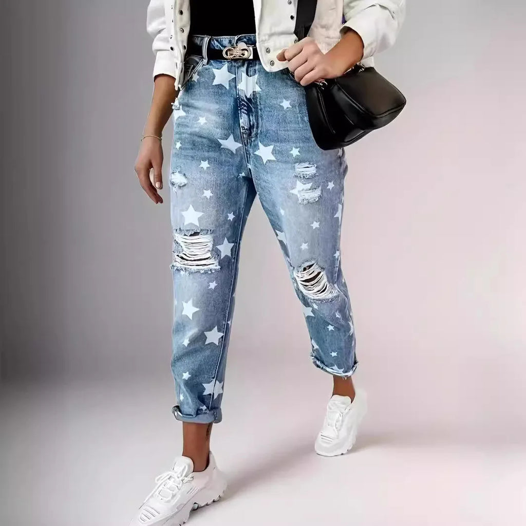 Jeans Denim Holes Ripped Washed Jean Ankle Length Straight Pants Women Spliced Pockets Loose Fit Casual 2025 Distressed