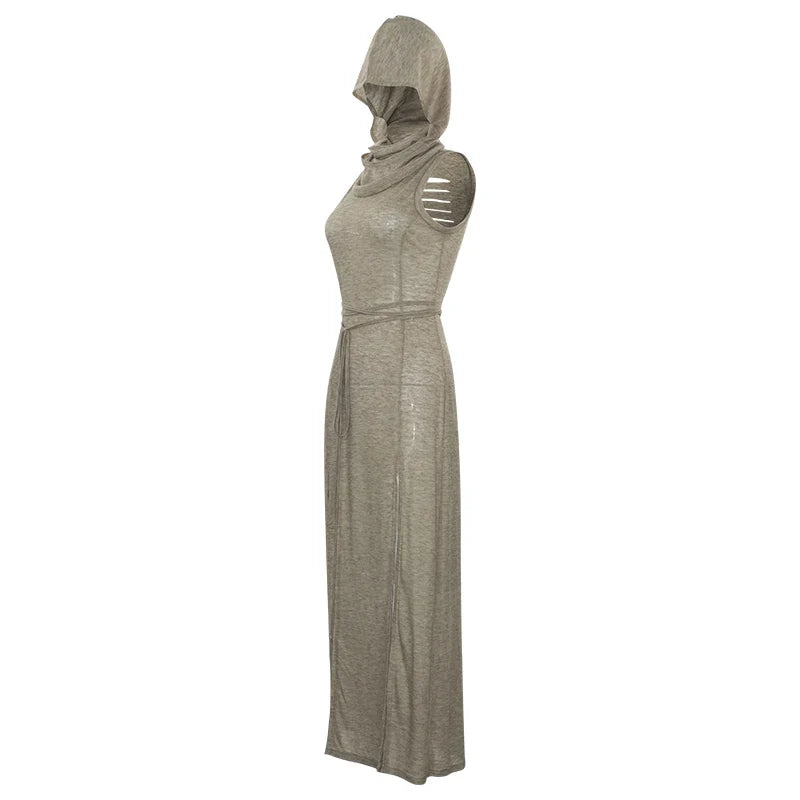 Summer 2023 Sexy European And American Style Sleeveless Hooded Dress Long Split Hollow out Pure Color Women's Gown