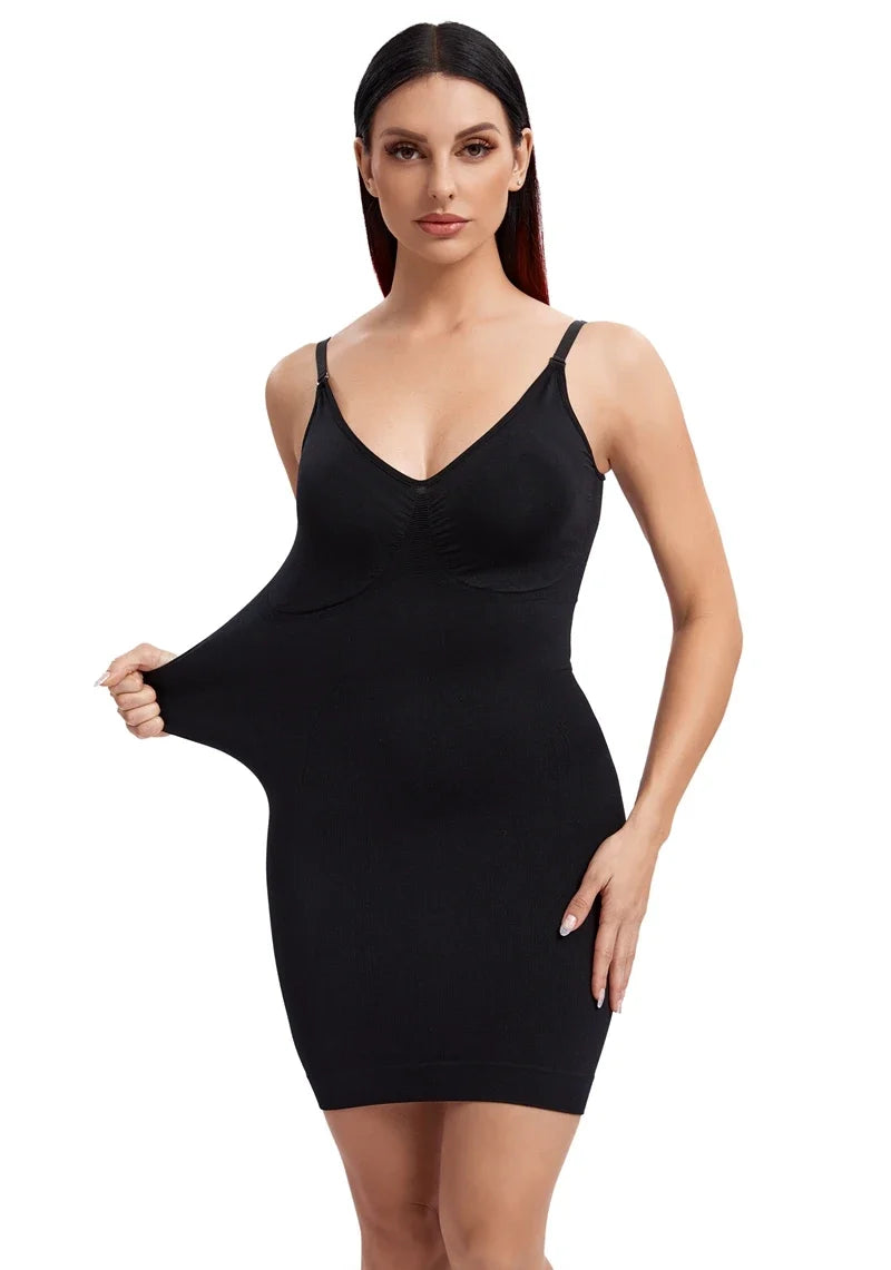 Sexy Full Slip Shapewear Women Dress V Neck Bodycon Underwear Smooth Compression Body Shaper Slimming Waist Abdomen Belly Corset