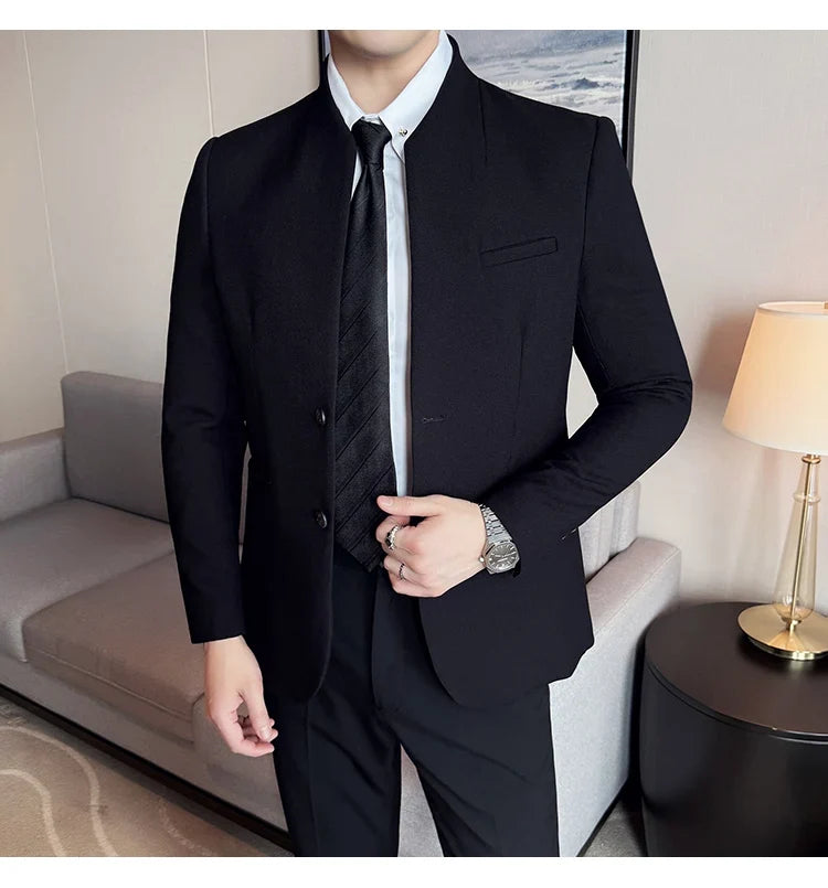 New Chinese Stand-Up Collar Suit Jacket High Quality Waffle Business Slim Fit Men's Social Party Suit Dress Men's clothing 5XL-M
