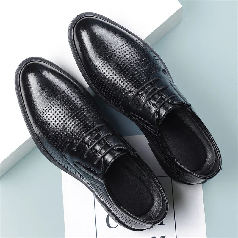 Men's Summer Breathable Leather Shoes British Style Comfortable Soft Business Formal Derby Shoes Hollow out Design-SJ6607-1