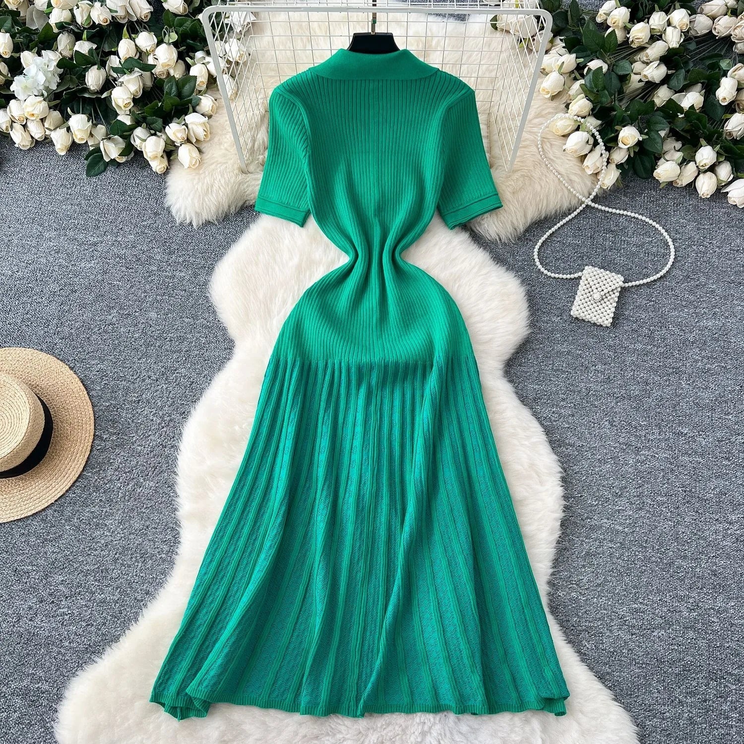 Chic Fashion Elegant Patchwork Knitted Maxi Dress 2025 Summer Lady Turn-down Collar Shirt Sweater Dress Party Vestidos