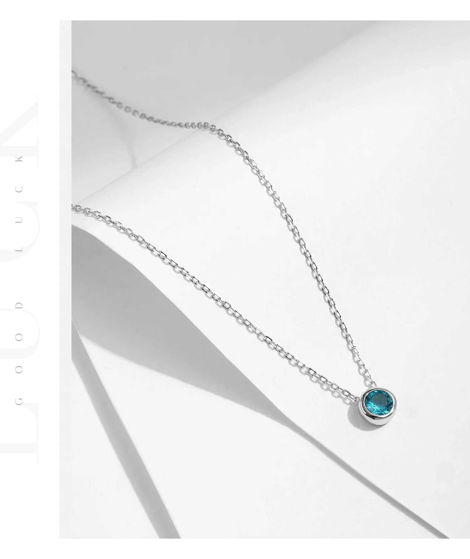925 Sterling Silver Teal Round Zirconia Pendant Necklace White Gold Plated Neck Link Chain For Women Party Jewelry Gift