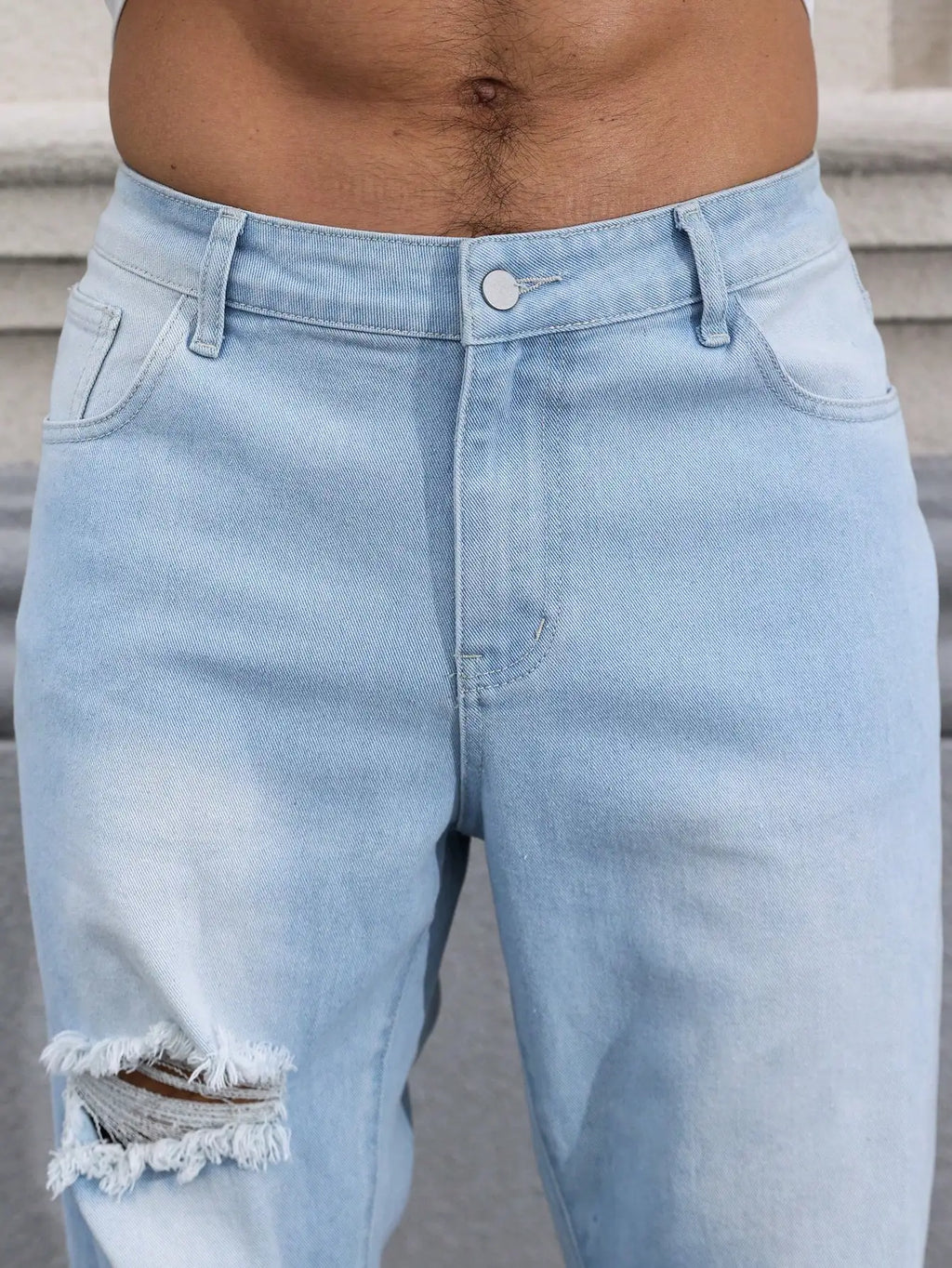 Men's Light Blue Ripped Jeans for Spring and Autumn. Casual Denim Trousers. Street Ripped Daily Casual