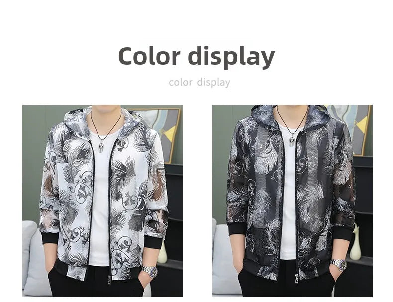 Men's Summer Mesh Sun Protection Clothing Trendy Stripe Print Ice Silk Cool Feeling Breathable Quick Dry Hooded Jacket