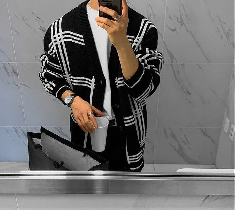Men's Clothing Cardigan Jacket V Neck Coat Knit Sweater Male Plaid Elegant Casual Long Sleeve 100% Korean 2025 Autumn Classic A