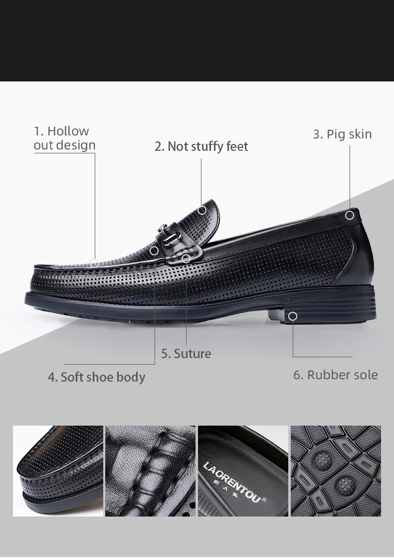 LAORENTOU men's bean shoes, genuine leather hollow out breathable business casual dad leather sandals, soft soled loafers10790DW