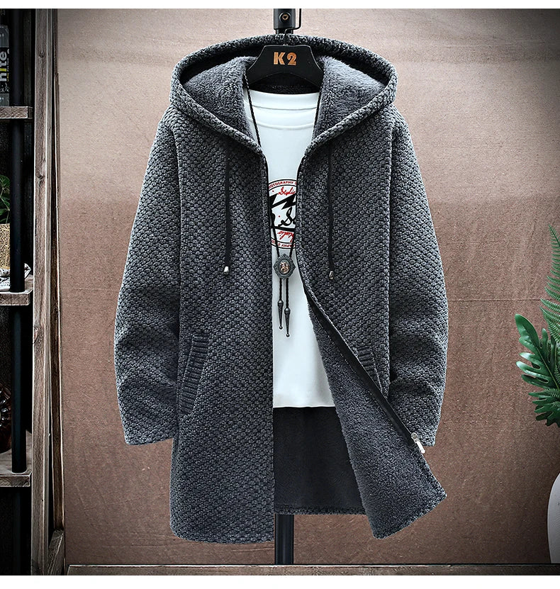 Men's Cardigan Cashmere Long Coat Sweaters with Hoods Autumn Winter New Fleece Warm Solid SweaterCoat Windbreaker Men Clothing