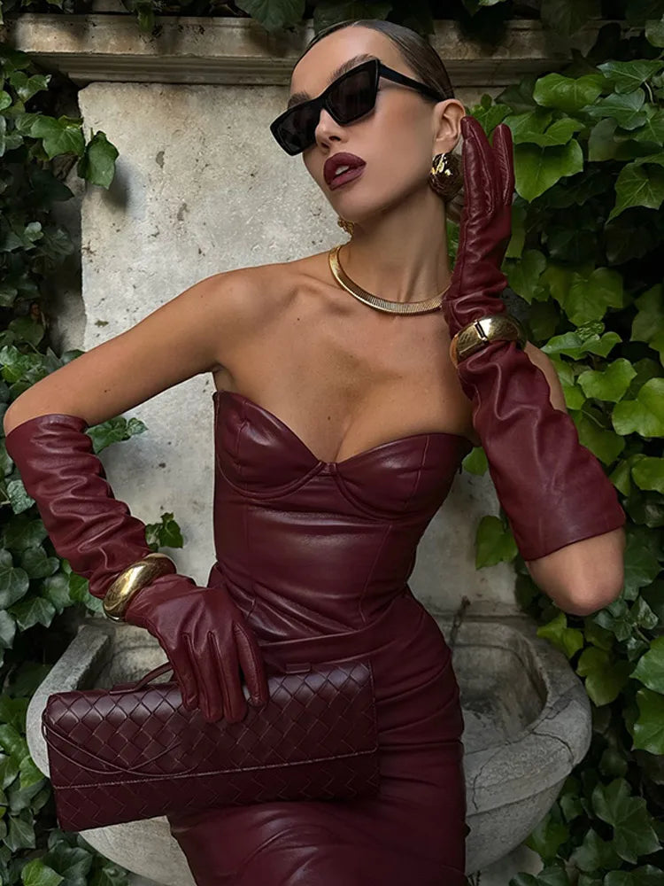 Women Burgundy Sexy Pu Leather Strapless Dress