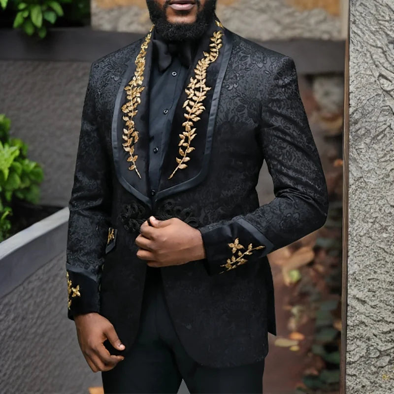 Black Floral Men Suits with Buttons Shawl Lapel Jacket with Pants 2  Piece Wedding Groom Tuxedo ( Blazer + Trousers) 2024