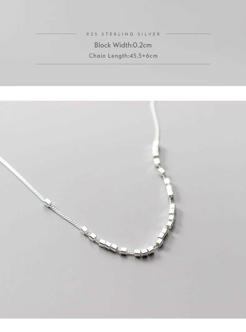 925 Sterling Silver Slide Block Sparkling Necklace Basic Chain Link Simple Fine Jewelry For Women Valentine's Day Gift