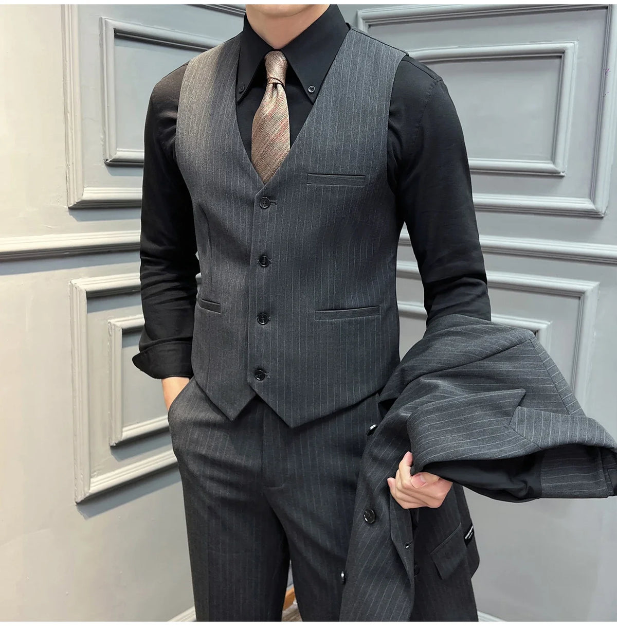 5XL-M( Vest + Pants) High-end Brand stripe Suit Vest 2 pieces Men Luxury Fashion Groom Wedding Vest Set Male Club Party Clothing