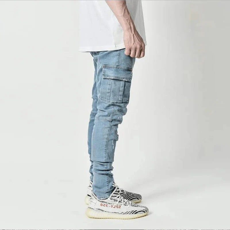Pants Wash Solid Color Multi Pockets Denim Mid Waist Cargo Jeans