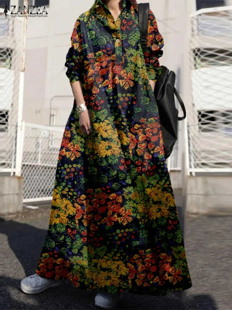 Printed Long Sleeve Cotton Maxi Dress Women Spring 2025
