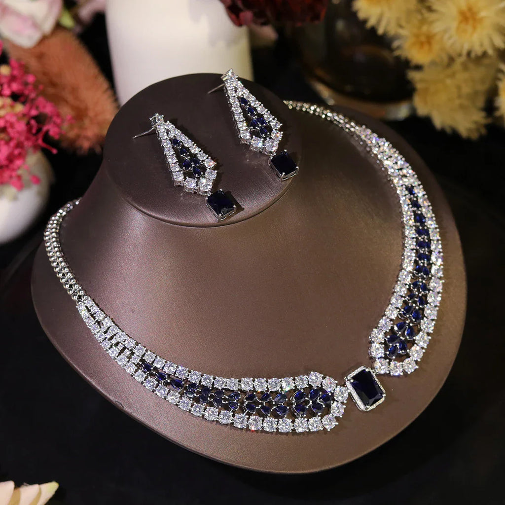 Fashion Wedding Jewelry Sets Shiny Red and white inlaid CZ Crystal Necklace and Earrings 2PCS Bridal Dress Party Accessories