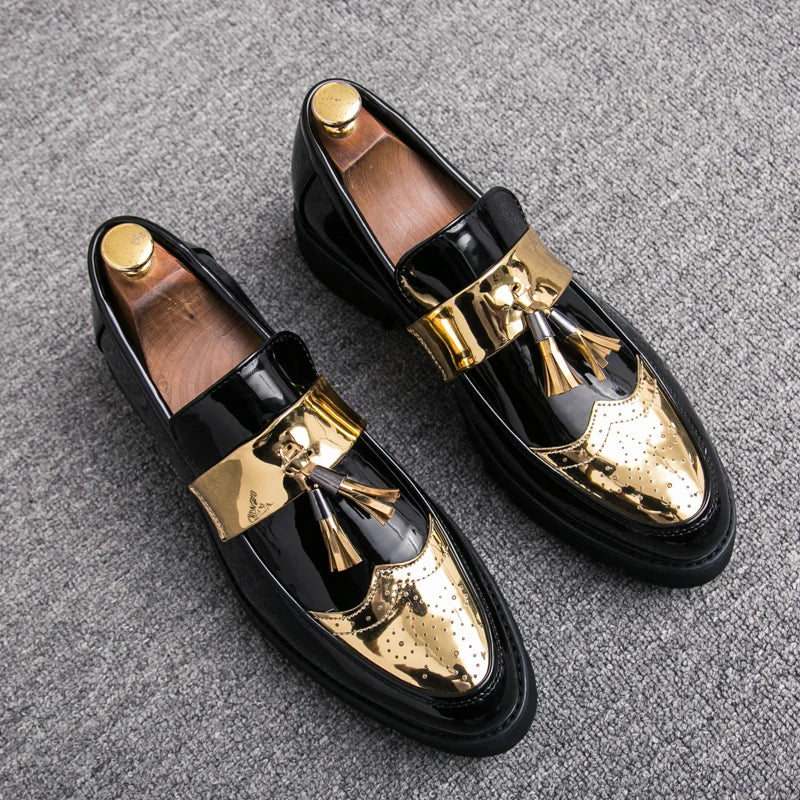 Fashion Golden Men's Casual Slip-On Tassel Patent Loafers Thick Bottom Elevator Shoes Men's Party Shoes Business Shoes Brogue