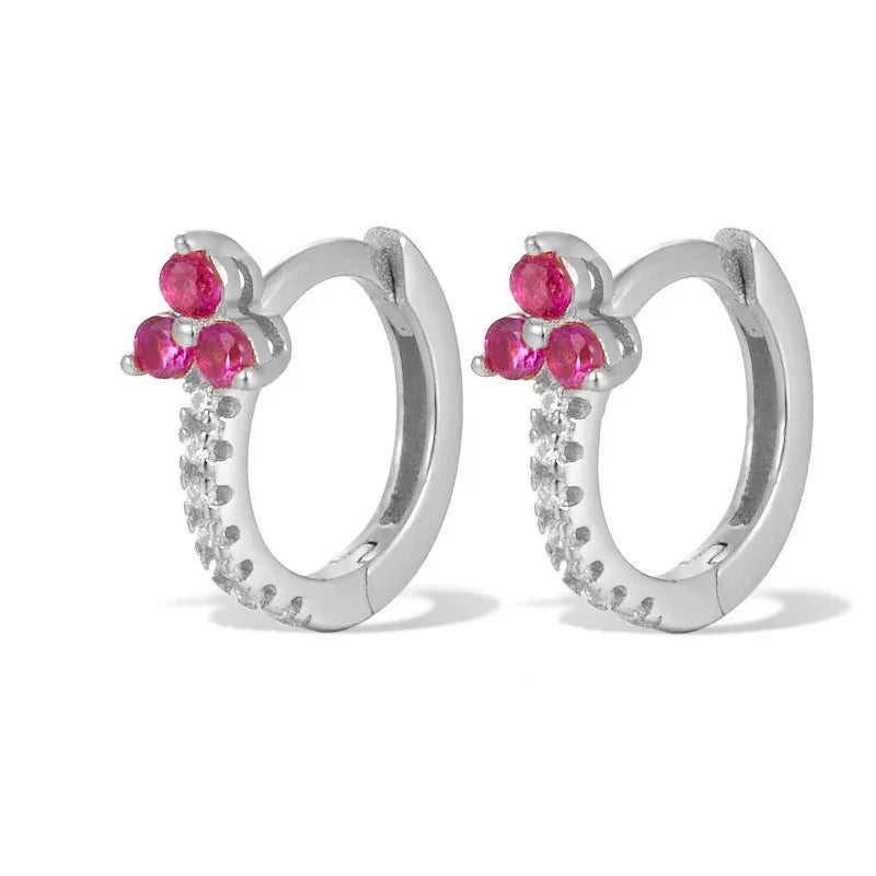 925 Sterling Silver Romantic Color Zircon Three-petal Flower Stud Earrings for Women Fashion Huggies Piercing Jewelry