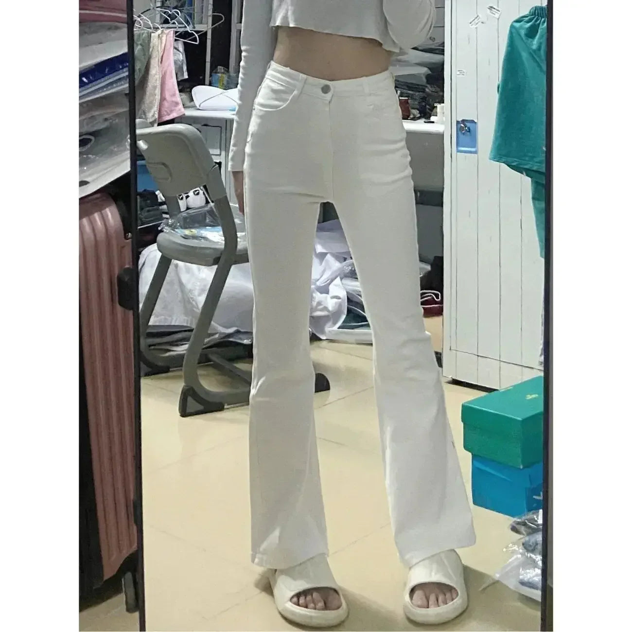 White Straight-leg Jeans Women's High-waisted Elastic Slimming Bootcut Pants Microflare Waistline Shredded Leggings Fashion