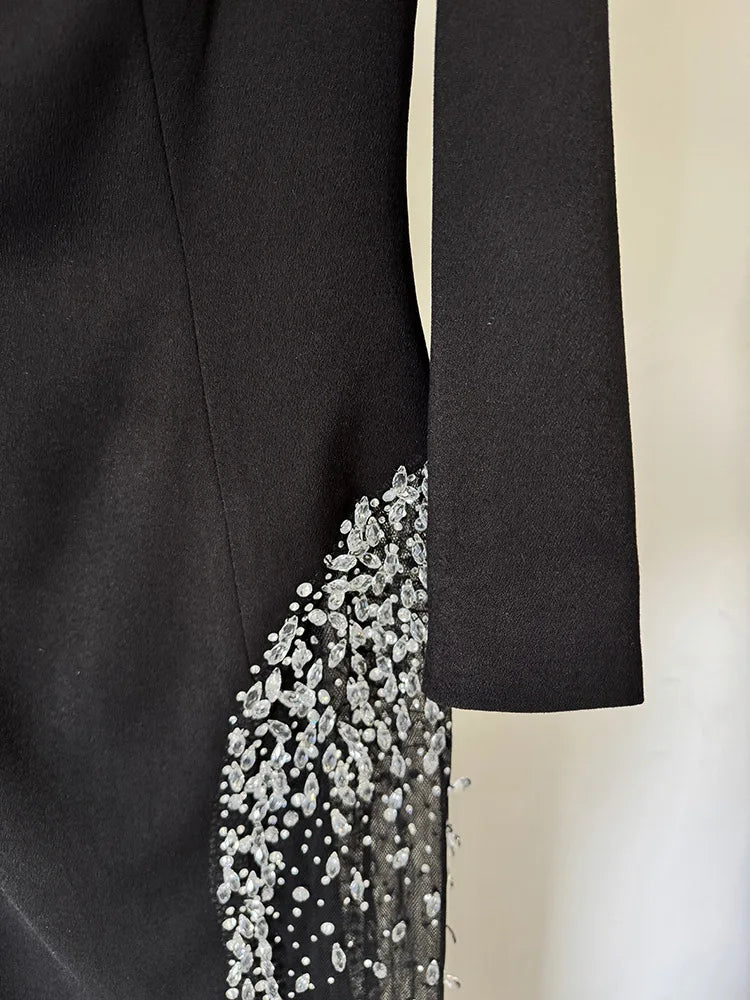 Newest 2026 Designer Vestido Women's Diamonds Beaded Slash Neck Off The Shoulders Patchwork Gauze Long Maxi Dress