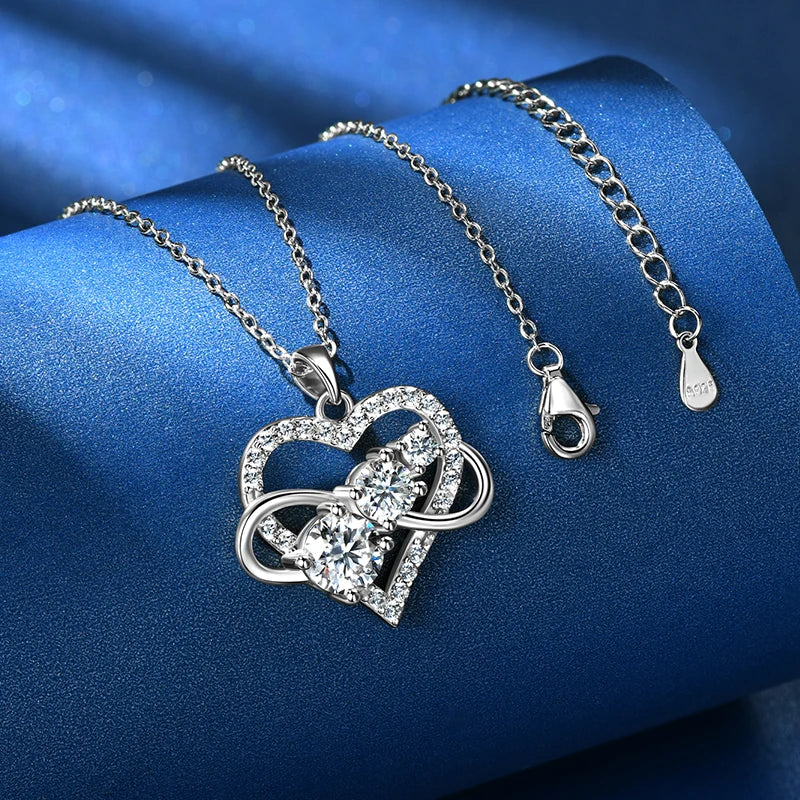 Certified Moissanite Infinite Love Heart Pendant Necklace Real S925 Sterling Silver for Women Fine Jewelry Gifts Cadena