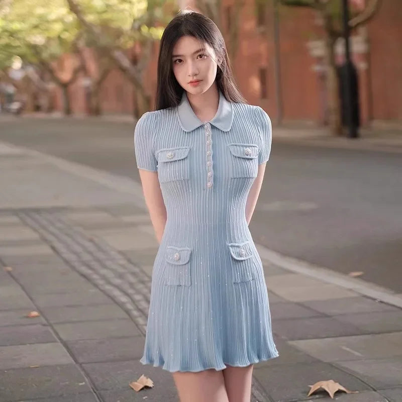 2025 Spring/Summer New Polo Neck Short Sleeve Knitted Dress Y2K Fashion Commuter Elastic Slim Fit Multi Pocket Wrapped Hip Skirt