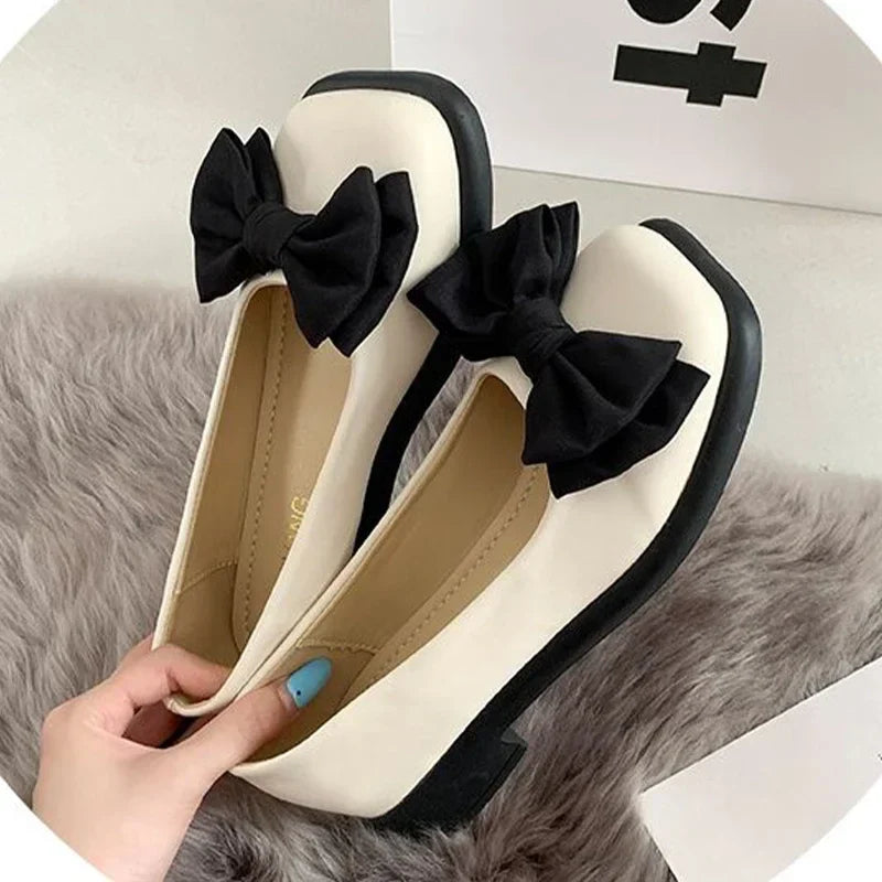 Women Bow Mary Janes Shoes Casual High Heels Shoes New Square Toe Sandals Fashion Lolita Shoes Loafers Walking Zapatos Mujer