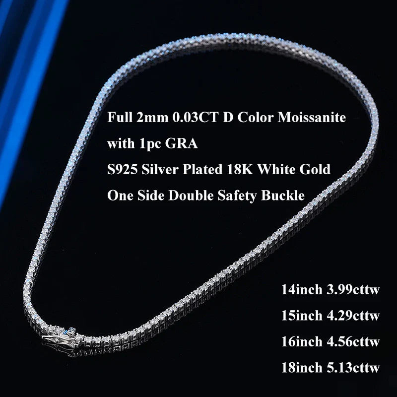 Real 2-5mm Full D Color Moissanite Tennis Neck Chain Necklace for Woman Man 925 Silver GRA Certified Party Bridal Necklaces