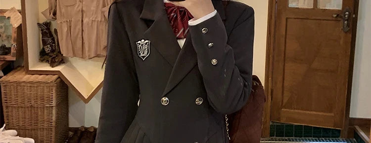 Sweet Style Suit Dress Korean Drama Main Character Waist Cinched Beautiful  Skirt College Style High Waist Double Breaste...