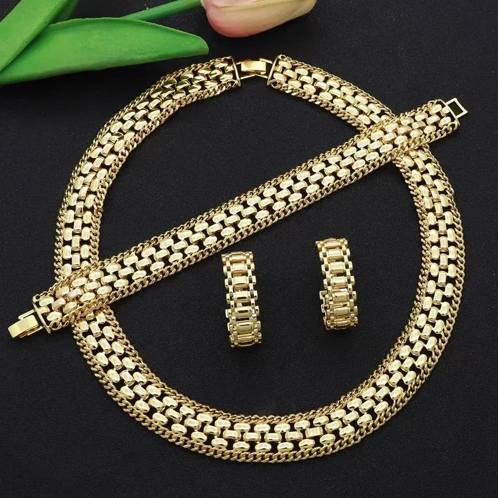 Dubai Luxury Handmade Women Jewelry Set 18k Gold-Plated Chain Necklace Bracelet Stud Earring Full Set Party Wedding Bijoux