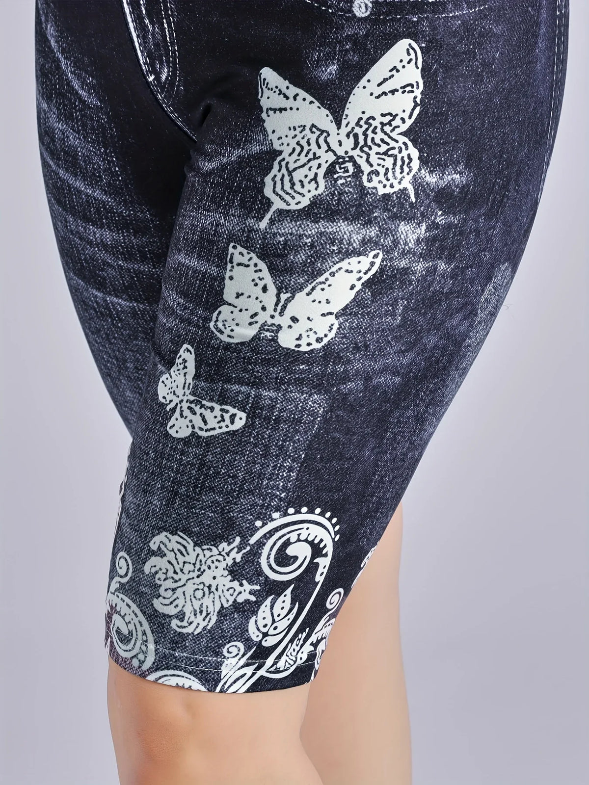 Lmitation Denim Leggings For Women Butterfly Waist Fruit Flower Elastic Shorts High Waist Casual