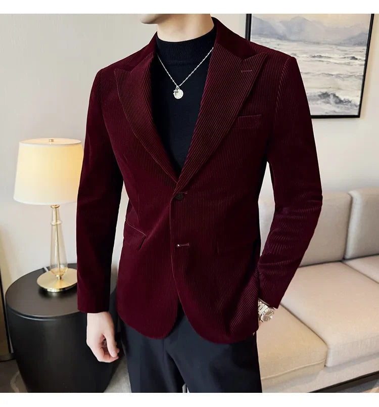 Corduroy Stripe Suit Jacket For Men Autumn Winter Business Slim Fit Tailcoat Formal Wedding Party Fashion Casual Suit Coat 4XL-M