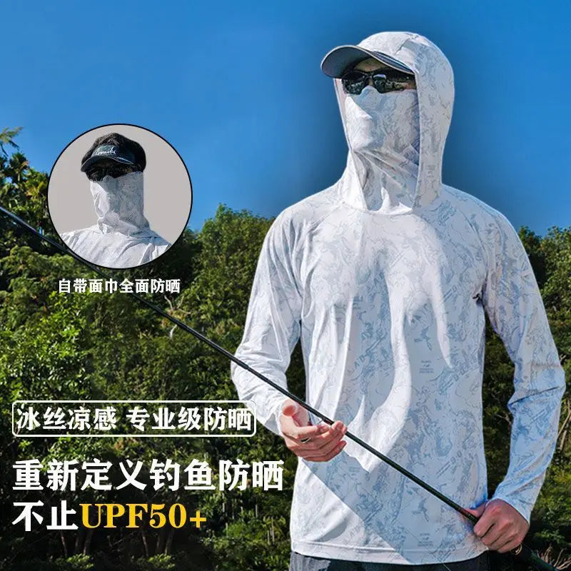 Ultra-thin Tshirts Summer Trendy Prints Lightweight UPF Sun Hoodie with Face Mask Shirt Long Sleeve Breathable UV Fishing Shirt
