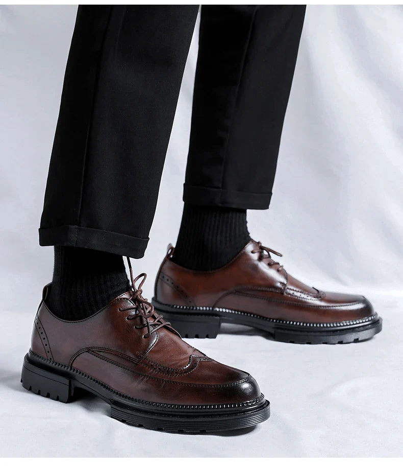 Men Korea Leather Platform Oxfords Slip on Thick Tottom for Male Derby Shoes Casual Loafers Mens Square Toe Formal Dress Shoes