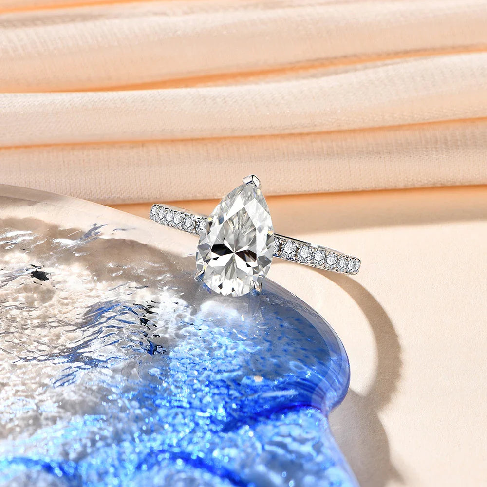 New D Color Moissanite Rings Pear Cut 3.0ct S925 Sterling Silver Classic Wedding Engagement Ring for Women Fine Jewelry