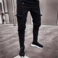 Men's Black Side Many Pockets Cargo Jeans Fashion Hole Zipper Small Foot Denim Pants Cotton Elastic Jogging Trousers Streetwear