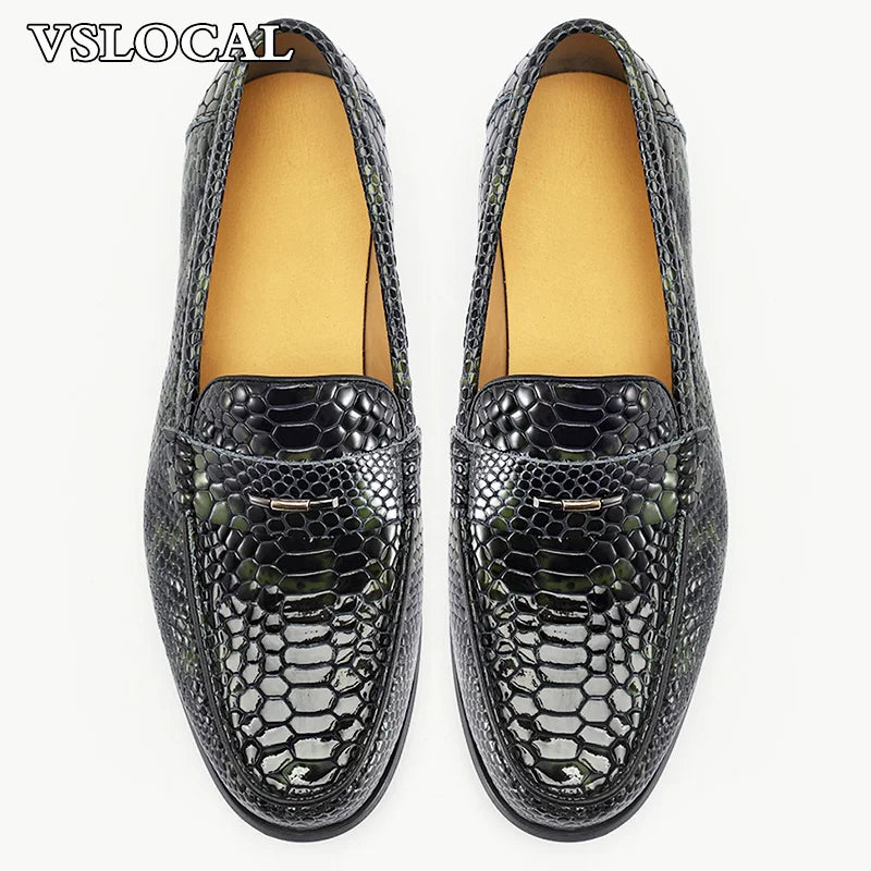 Luxury Men Loafers Shoes Slip On Snake Prints Casual Mens Dress Shoes Wedding Office Banquet Genuine Leather Shoes Men