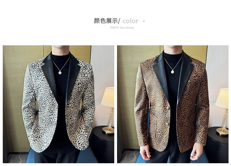 Splicing Leather Neck Casual Suit Jacket Fashion Leopard Men's Business Slim Fit Social Formal Blazers Wedding Groom Tuxedos