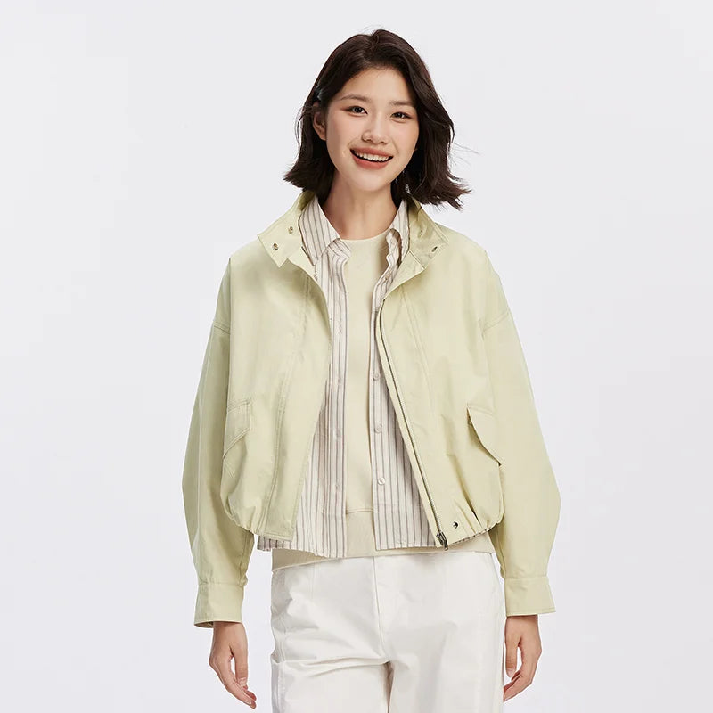 Women Jacket Solid Stand Collar Bubble Hem Oversize Dropped Shoulder Casual Style Autumn Outerwear Daily Wear 2026