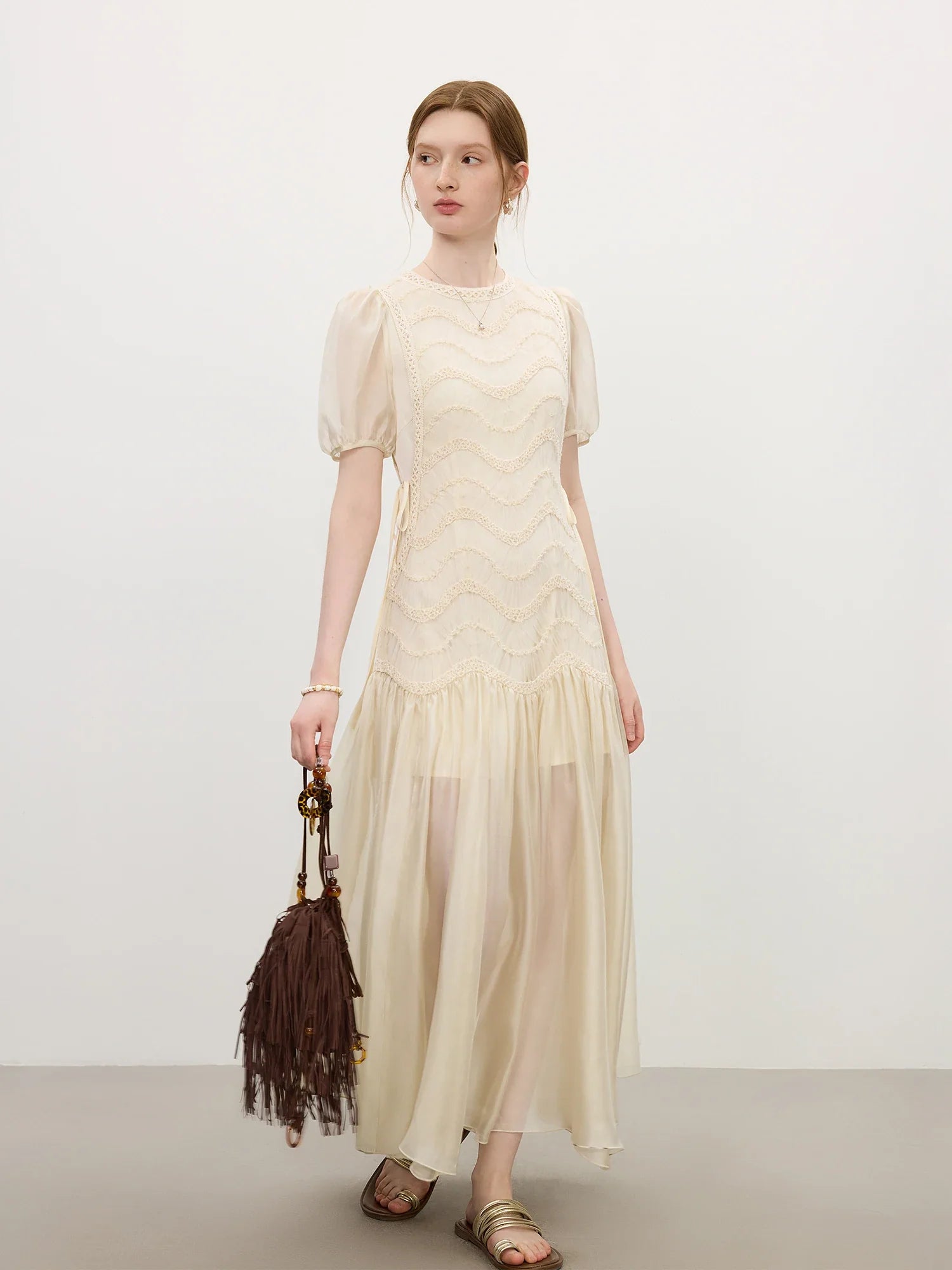 2025 Summer Women's Mesh Embroidery Dress Hollow Out Splicing Bubble Sleeves Waist Tie Y2K Trendy Boho Chic 25FS12832