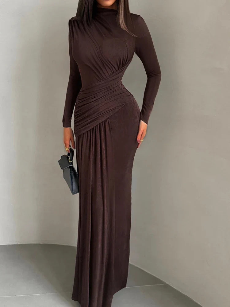 Nibber Folds Maxi Dress Women o-Neck Full Sleeve Solid Banquet Elegant Vacation Fashion Autumn Skinny Casual Simple Vestidos