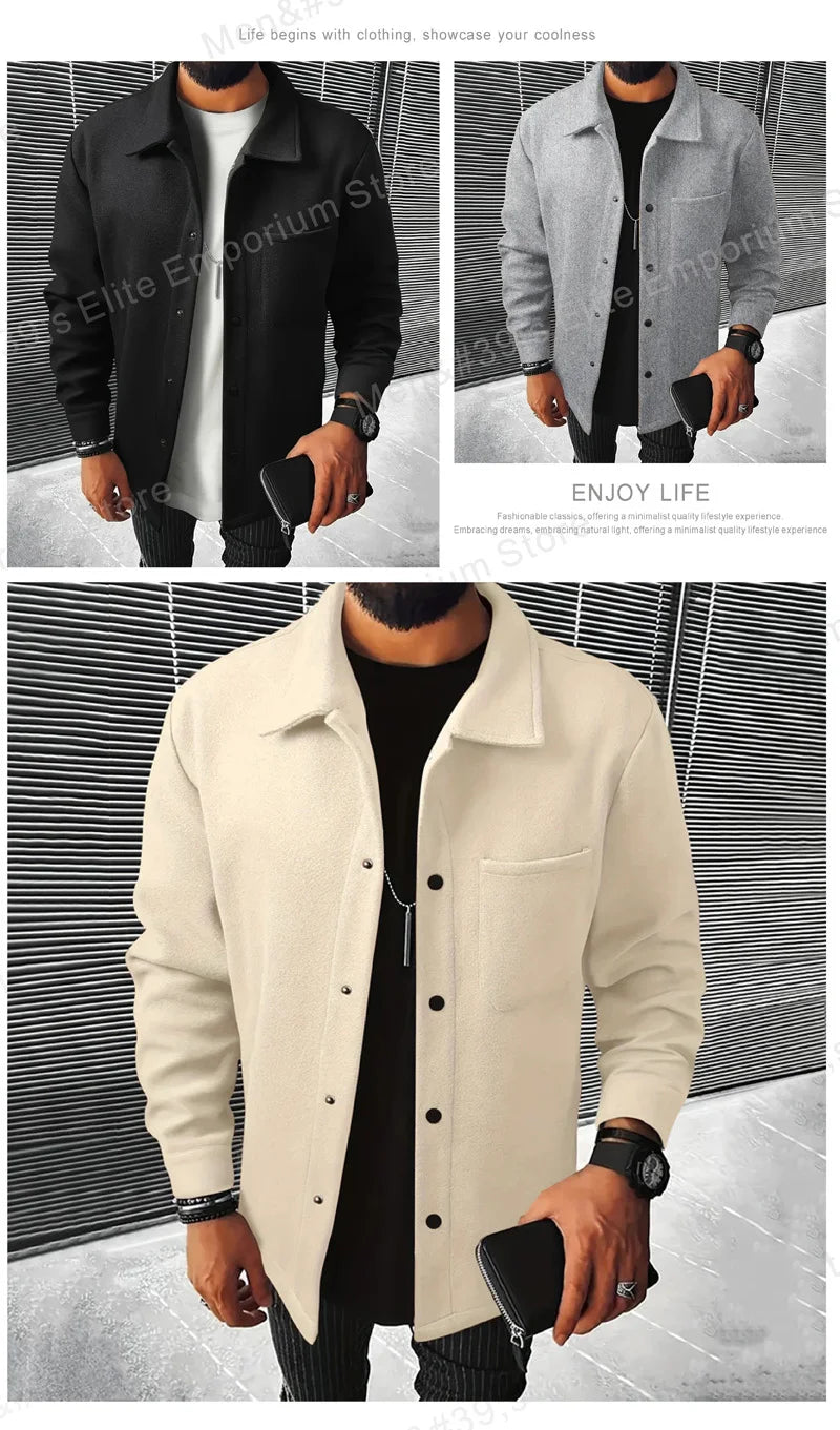 Men's Polyester Brushed Jacket, Lapel Button/Zipper Coat with Pocket, Comfortable Casual Autumn Winter Office Business Wear