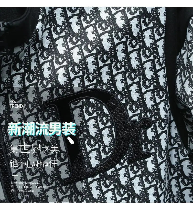 Fashion trend casual suit high-end men's long-sleeved splicing full print sports two-piece set