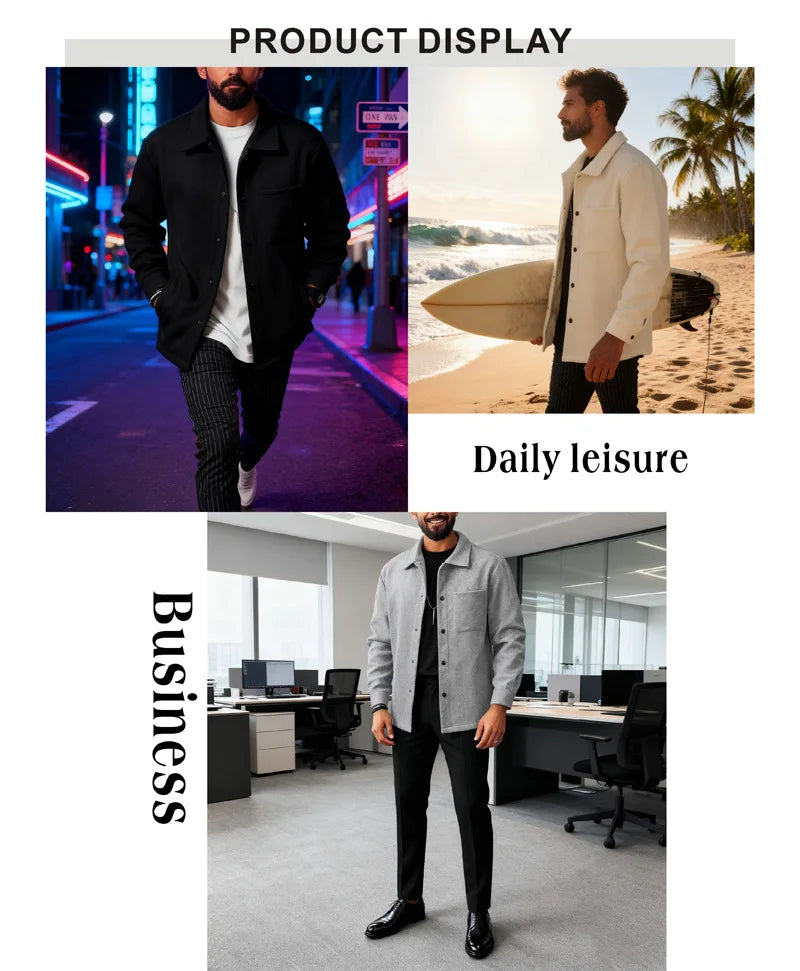 Men's Polyester Brushed Jacket, Lapel Button/Zipper Coat with Pocket, Comfortable Casual Autumn Winter Office Business Wear