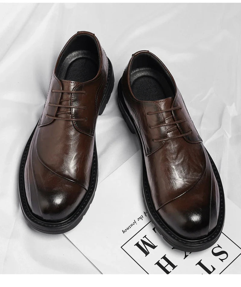 Brown Burnished Genuine Leather Lace Up Chunky Sole Formal Business Office Groom Wedding Daily Wear Shoes Fashion Comfortable