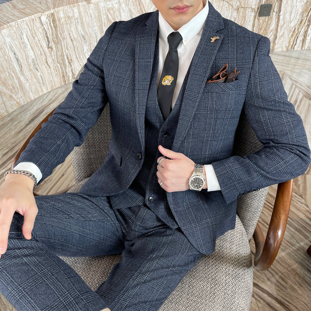 British Modified Plaid Three-Piece Suit for Men - Stylish Business Casual Suit Vest And Trousers Set