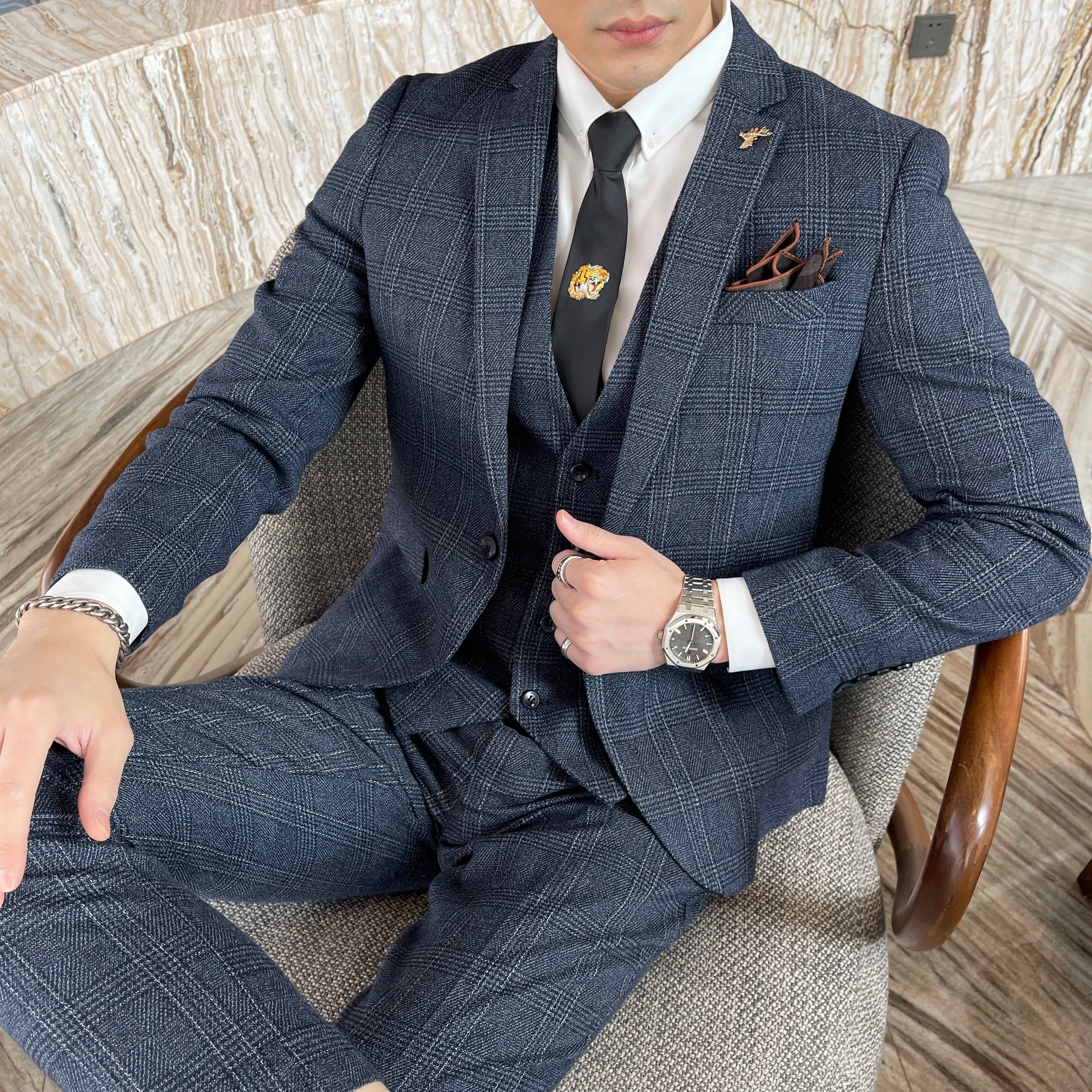 British Modified Plaid Three-Piece Suit for Men - Stylish Business Casual Suit Vest And Trousers Set