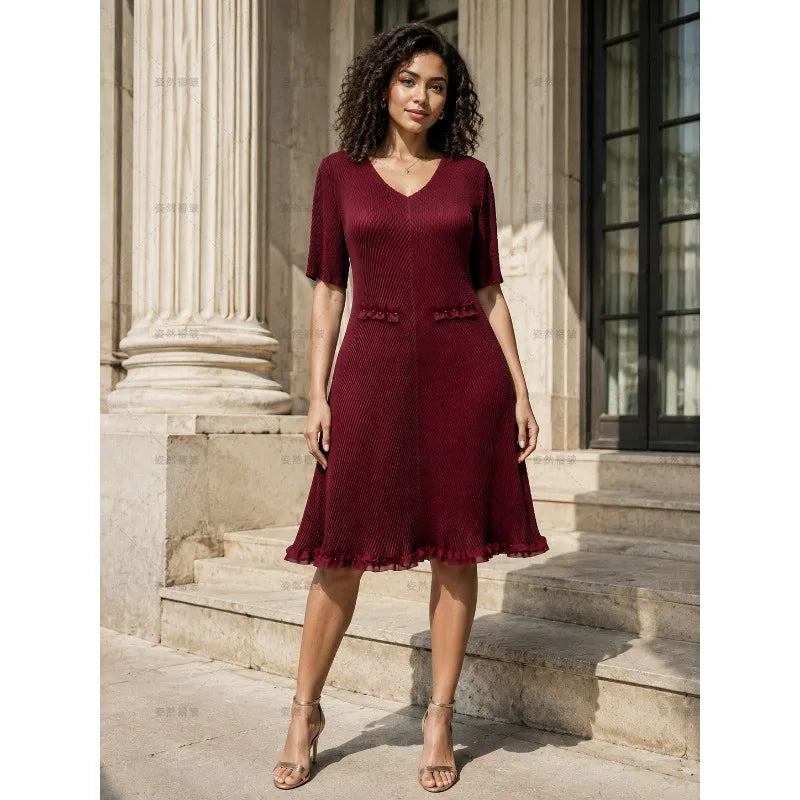 Miyake Pleated Dresses 2026 New Elegant V-Neck Fashion Plus Size Elastic European Women's Elegant Ball Gown Knee-Length Dress