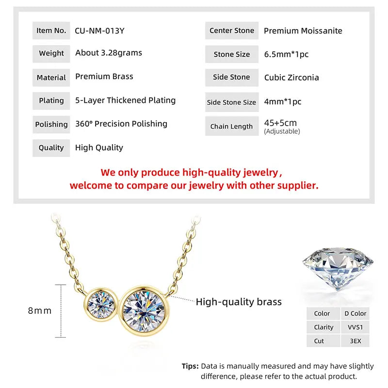 GRA Certified D VVS1 1.0CT Moissanite Diamond Round Pendant Necklace for Women Chain Fine Neck Jewelry Gifts Collares